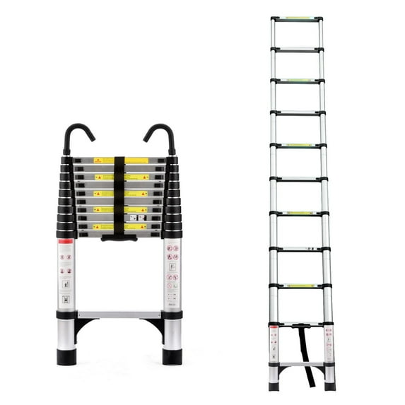 10.5 FT Telescoping Ladder, Aluminum Alloy Multi-purpose Telescopic Ladder with Hooks and Triangular Support Frame, Telescope Ladder for Industrial, Attic, RV, and Home, Weight Capacity 330 LBS