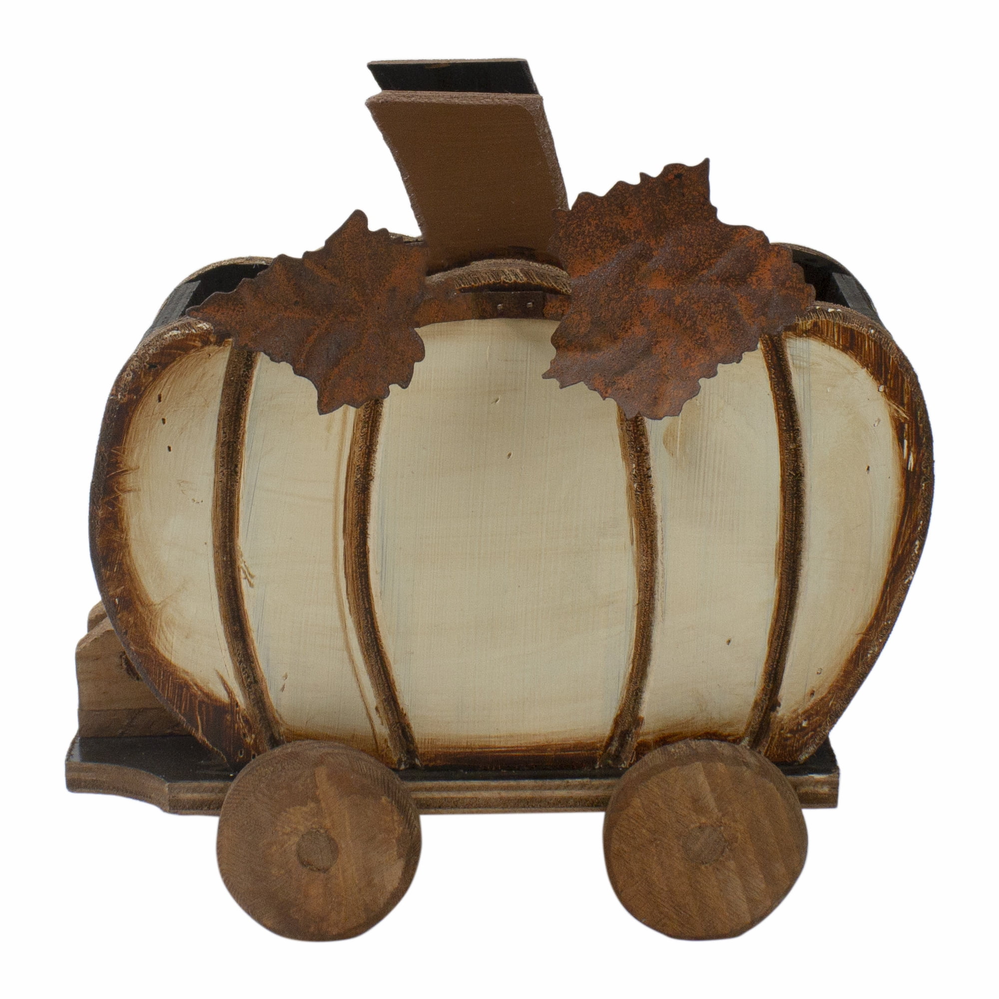 Rustic Fall Wooden Pumpkin Cart with Metal Leaves