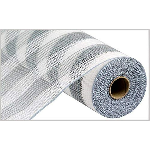 Faux Jute & Small Stripe Deco Mesh, 10.5 Inch x 10 Yards (Grey, White)