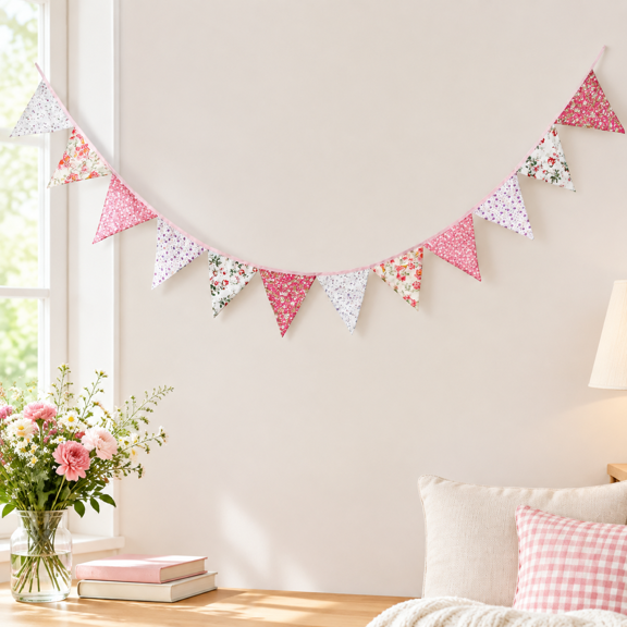 10.5 Feet Triangle Bunting Banner, 12 Pcs Double Sided Cotton Fabric Flags Pennant Garlands for Birthday Party, Wedding, Outdoor and Home Decorations