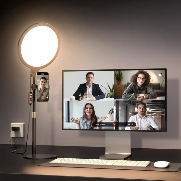 10.5" Full-Screen Desktop LED Ring Light, 360 Rotatable Video Lighting with Stand and Phone Holder, for Zoom Meetings, Video Conference, Live Streaming, Makeup & Video Calls