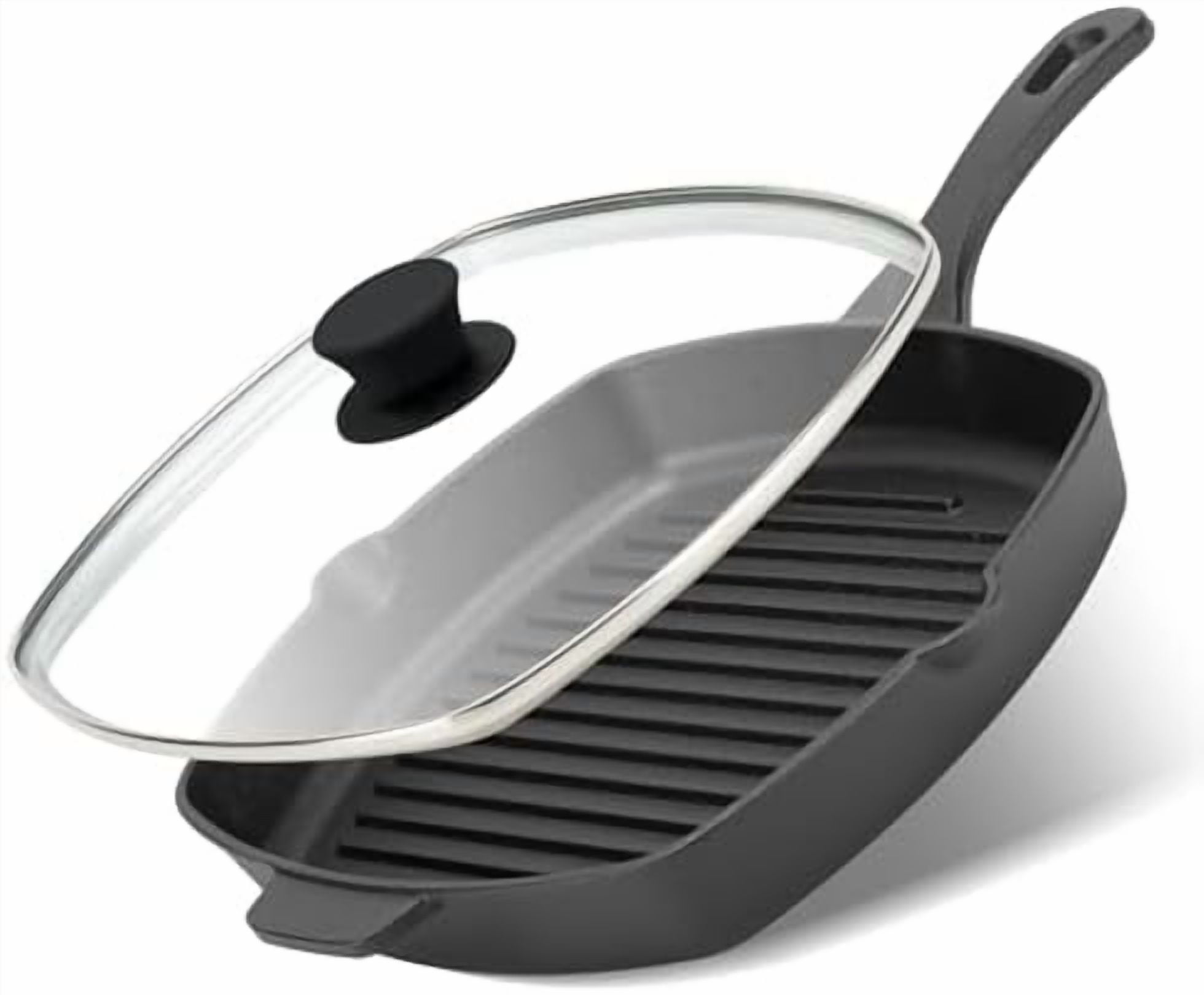 10.5 Inch Cast Iron Square Grill Pan with Tempered Glass Lid, Heavy Steak & Bacon Pans for Stove Tops$$Home Decor, Kitchen, & Other