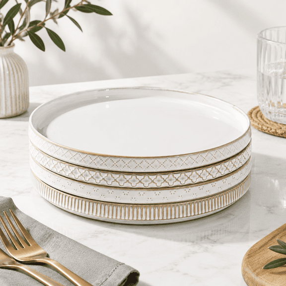 10.5 Inch Ceramic Dinner Plates Set of 4, Embossed Farmhouse Style Serveware
