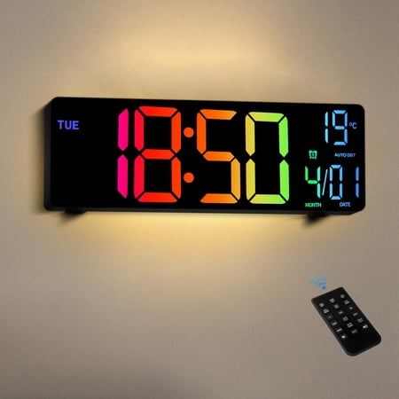 Mee 2ou 10.5 Inch Large Digital Wall Clock With Temperature, Date And Day, RGB Color Auto Brightness Dimmer, Night Lights, Auto Dst, 24/12-Hour Led Wall Clock For Desk Bedroom Office