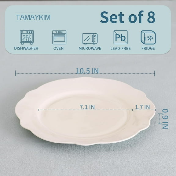 10.5 Inch Wide Rim Porcelain Salad Plates 8 PCS, Lotus Leaf Shape Dinnerware Set, Microwave Oven Dishwasher Safe, White