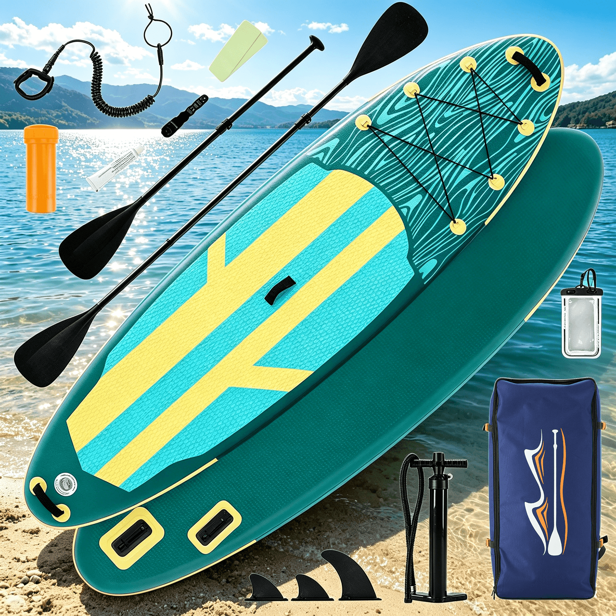 10'5" Inflatable Stand Up Paddle Board, Commercial Grade PVC ISUP with Non-Slip Deck, Complete SUP Accessories: Paddle, Pump, Leash & Backpack, All-Skill Level Water Sports Board, Yellow