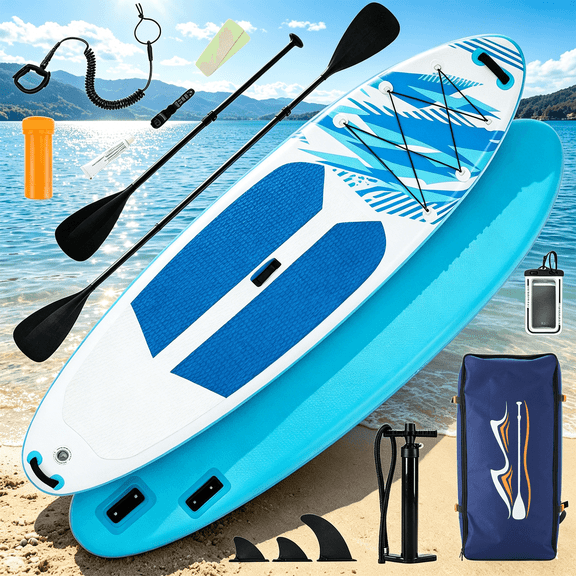 10'5" Inflatable Stand Up Paddle Board, Commercial Grade PVC ISUP with Non-Slip Deck, Complete SUP Accessories: Paddle, Pump, Leash & Backpack, All-Skill Level Water Sports Board, Light Blue