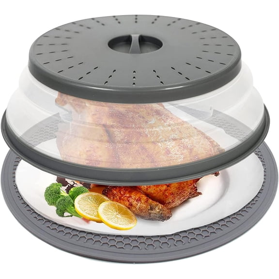 10.5" Microwave Splatter Cover for Food with 10" Mat, Collapsible & Vented Silicone Splatter Guard Lid with Handle Kitchen Gadget, Grey