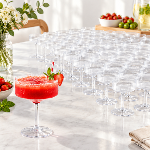 10.5 Ounce Clear Plastic Ribbed Coupe Martini Glasses, Pack of 100