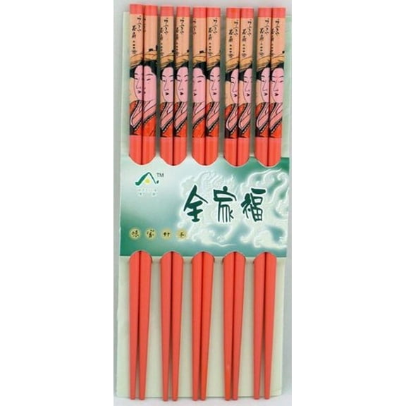 10 (5 Pairs) Orange Chopsticks w. Japanese Geisha Painting CHOP002-5