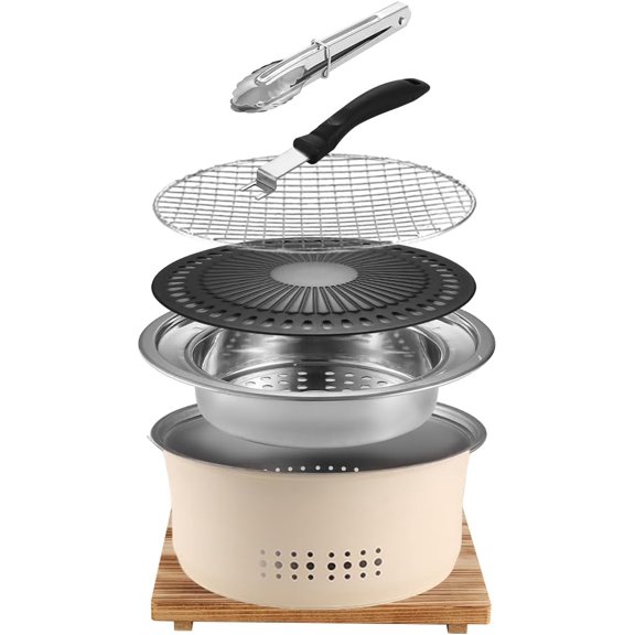 10.5" Round Stainless Steel Portable Charcoal BBQ Grill, Non-Stick Dual Purpose Hot Pot Charcoal Stove for Camping & Family Backyard Party