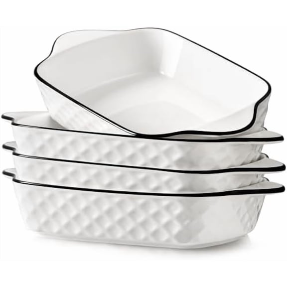 10.5'' Small Baking Dishes Set of 4, 34Oz Rectangular Lasagne Dishes - Diamond Design - Small Ceramic Baking Dish, Rectangular Bakeware with Handles, Oven Safe & Microwave Safe