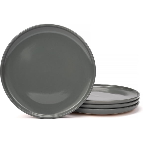 10.5" Stoneware Dinner Plates Set of 4, Plates with Partially Unglazed Base, Scratch Resistant Ceramic Dish Set, Microwave & Dishwasher Safe for Kitchen, Gray