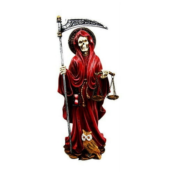10.5" Tall Holy Death Santa Muerte With Scythe And Scales Day of The Dead Decorative Figurine (Red)