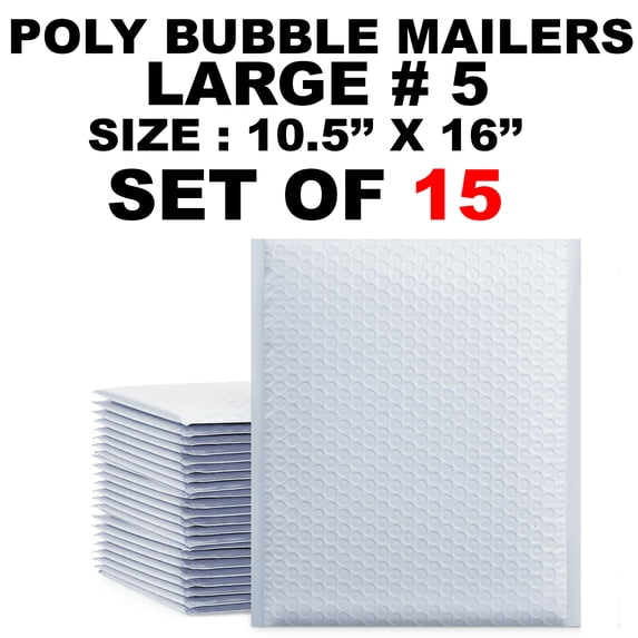 10.5"W x 16"L Peel & Seal Padded Poly Bubble Mailer, #5, White - 15 Pack
