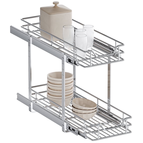 10.5"W x 18"D Shallow Depth 2-Tier Slide Out Wire Drawer, Pull Out Storage Organizer for Kitchen Cabinets Chrome