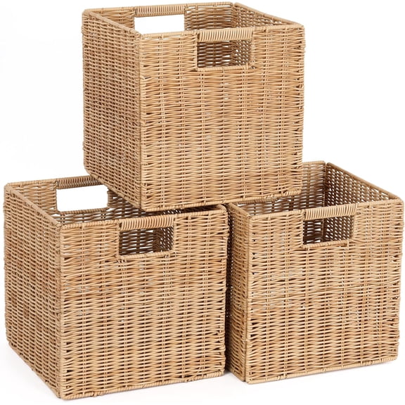 10.5 X Plastic Wicker Baskets for Cube Storage, Collapsible Square 10.5 in, Khaki