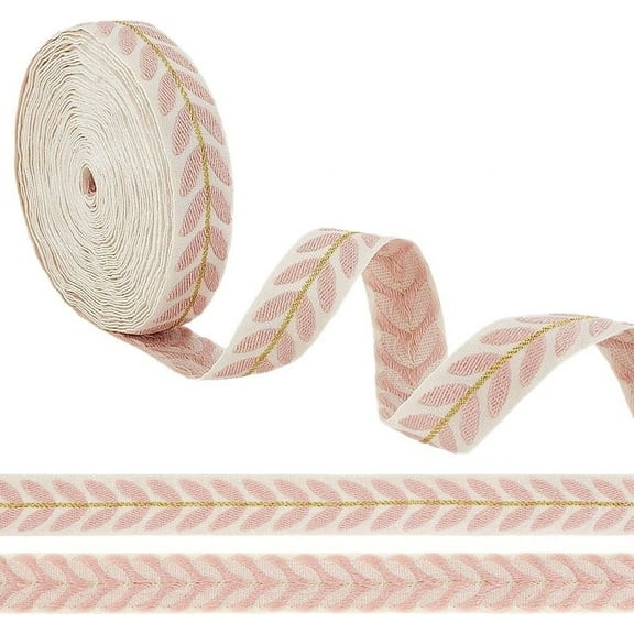 10.5 Yards(9.6m) Pink Leaves Jacquard Ribbon Trim 25mm Wide Ethnic Style Polycotton Ribbons Woven Embroidered Trim