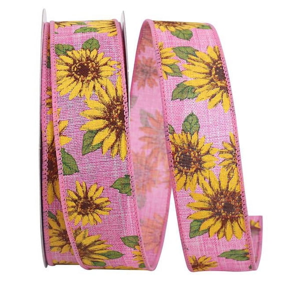 10.5 in. 20 Yards Sunflowers All Around Linen Wired Edge Ribbon, Pink