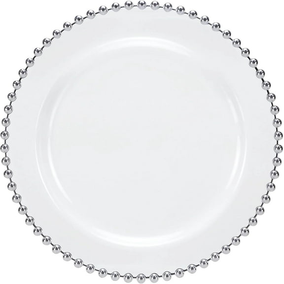 10.5 inch Silver Beaded Clear Round Dinner Plate – Elegant Disposable Plastic Dinner Plate for Weddings, Parties, Catering, and Buffets – Durable & Reusable Tableware – Food-Safe BPA-Free Design (40)