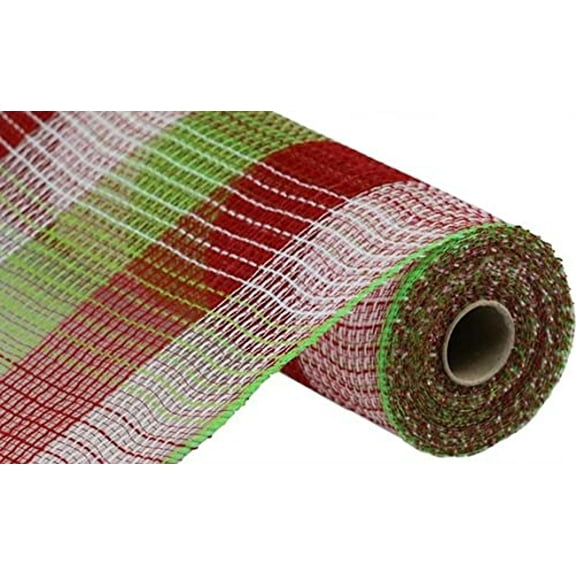 10.5 inch x 30 feet (10 Yards) Faux Jute Wide Check Mesh Ribbon (10.5 Inch x 30 feet, Christmas Lime Green Red White)