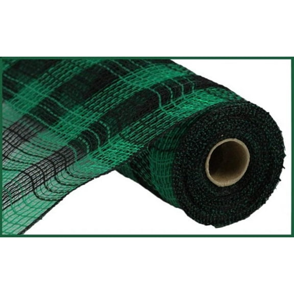 10.5 inch x 30 feet (10 Yards) Poly Faux Jute Small Check Mesh Ribbon, Christmas Green Black Buffalo Plaid)