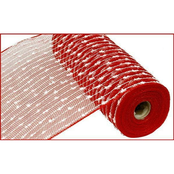 10.5 inch x 30 feet Cotton Ball Deco Poly Mesh Ribbon (Red, White)
