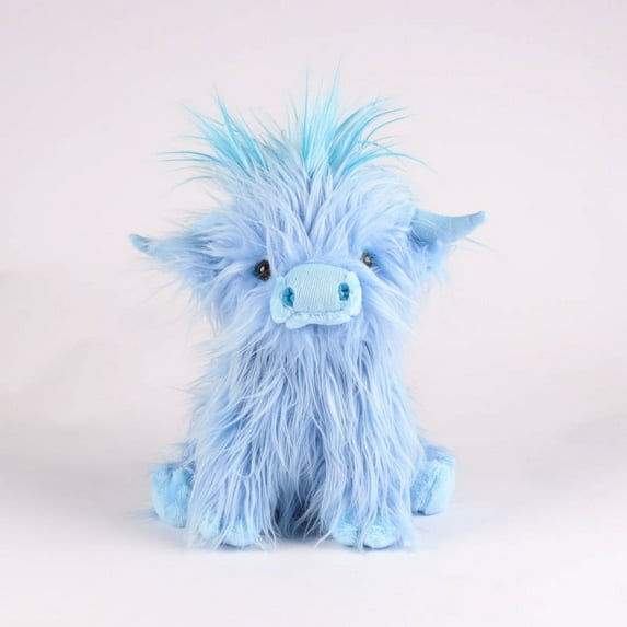 10.5 inches Highland Cows Stuffed Animals, Cute Fluffy Cow Plush Figure Toys Realistic Highland Cattle Plush Decor for Kids Baby Girls Boys(Blue)