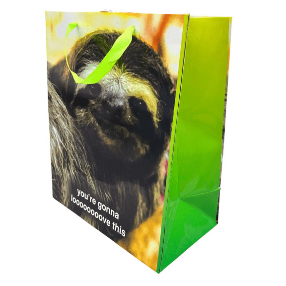 10.5 in x 13 in Gift Bag What Do You Meme Sloth Love, Cute Smiling Sloth with You’re Gonna Loooooooove This Caption, Bright Green Handles, Fun, Playful Bag for Birthdays, Holidays