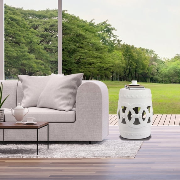 10.5" x 17" Glazed Drum Stool | Side Table for Patios and Balconies | High - grade Ceramic Material | Reduced Weight with Cutwork Design
