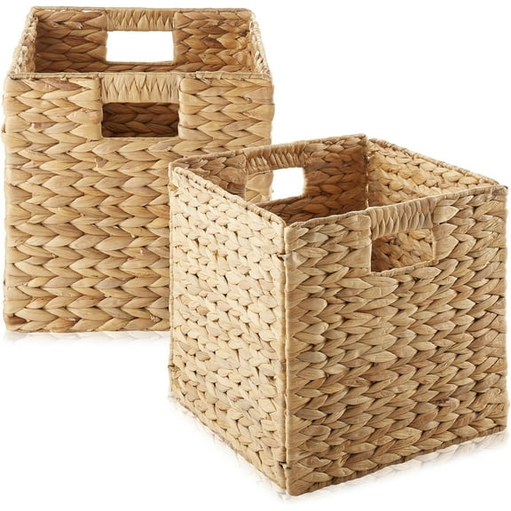 10.5" x 10.5" Water Hyacinth Storage Baskets, Natural - Set of 2 Collapsible Cube Organizers, Woven Bins for Bathroom, Bedroom, Laundry, Pantry, Shelves