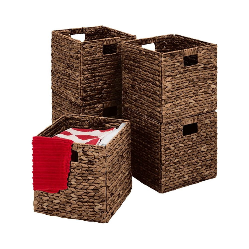 Espresso Handwoven Hyacinth Storage Baskets with Cut-out Handles, Set of 5