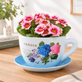 Caramic Pot 10.55 x 10.47 x 7.76 Inch Ceramic Teacup Planter Pot with Saucer, Blue ...