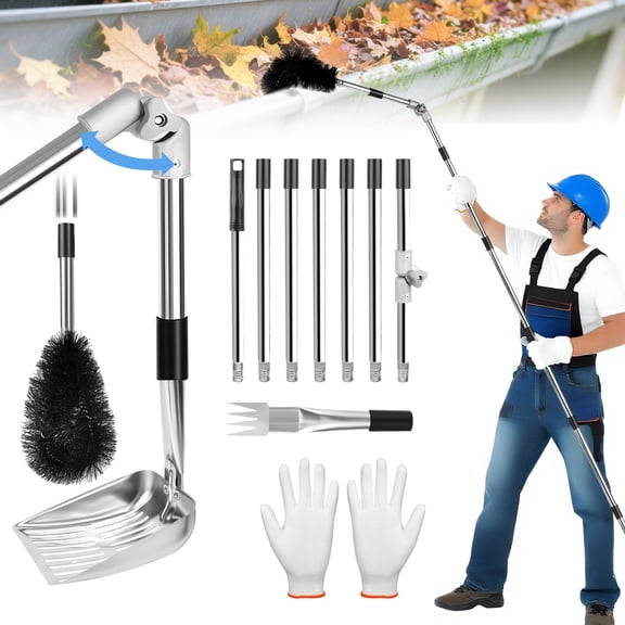 10.5FT / 11.8FT Gutter Cleaning Tools from the Ground, Adjustable Length Gutter Cleaning Pole with Gutter Scoop, Gutter Brush, Gutter Rake, Efficient Gutter Cleaner for Leaves, Twigs & Debris