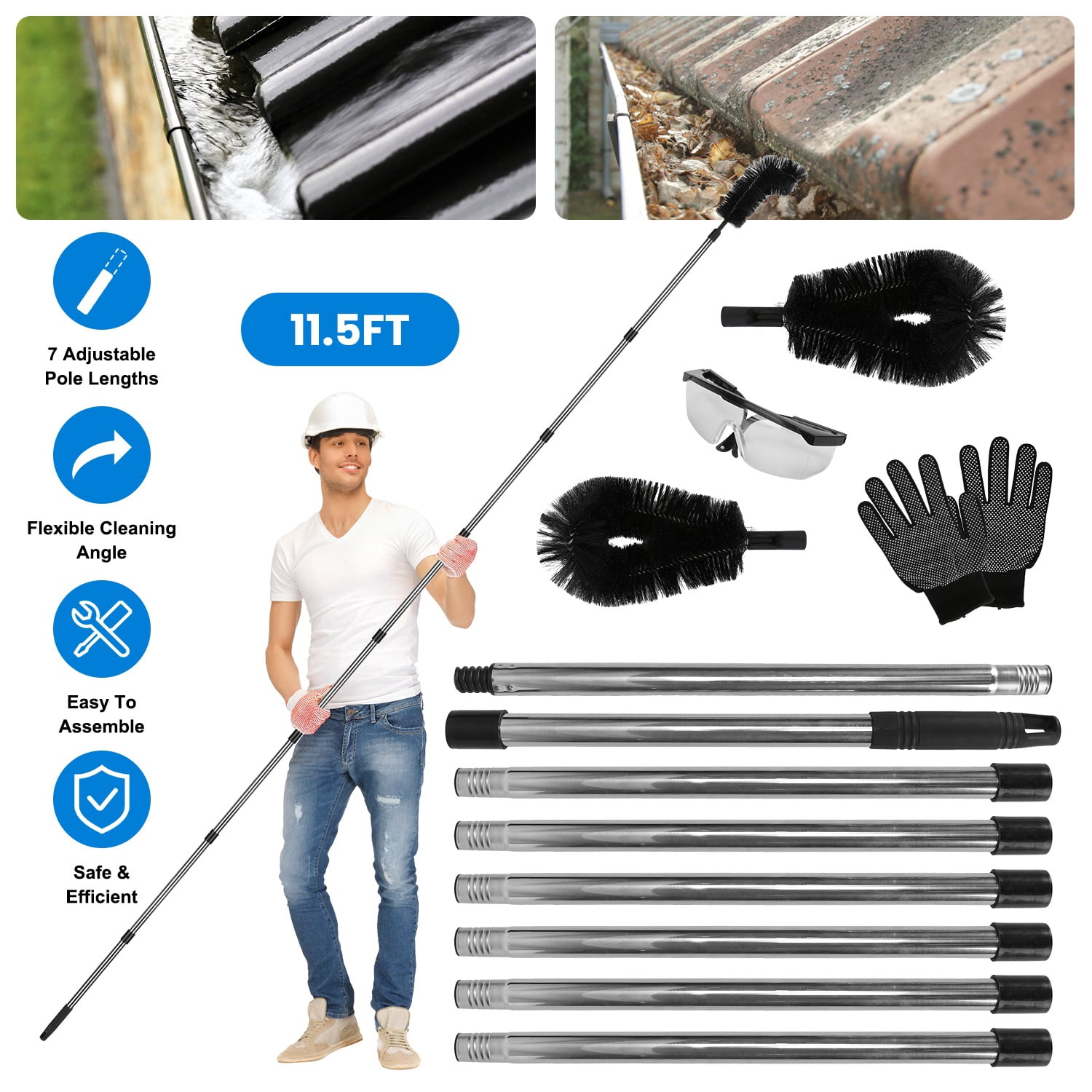 10.5FT Gutter Cleaning Brush With Telescoping Handle Rain Gutter Cleaner Extendable Gutter Cleaning Tool From The Ground with 2 Angled Brushes Anti-slip Gloves Goggles