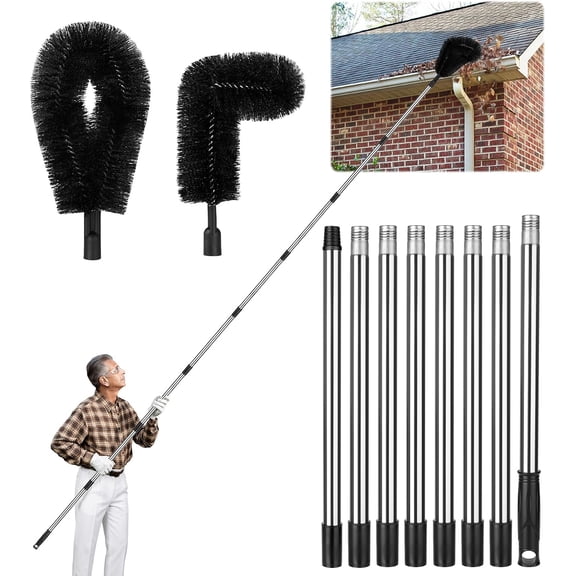 10.5FT Gutter Cleaning Tools from The Ground, No Ladder Needed with 8 Interlocking Poles & 2 Brushes for Seasonal Cleaning (Spider Webs), Leaf, Roof, Patio, Pool, Window, Downspout