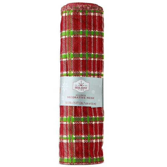Red and Green Plaid Fabric Decorative Mesh Roll, 10.5 in x 15 ft, by Holiday Time