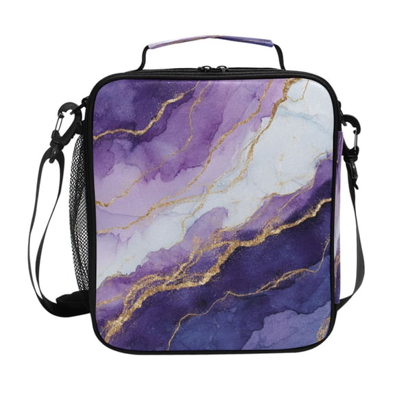 10.5X9.5in Square Insulated Lunch Bag Leak-proof Lunch Box for Outdoor Work Picnic Abstract Dark Purple Marble