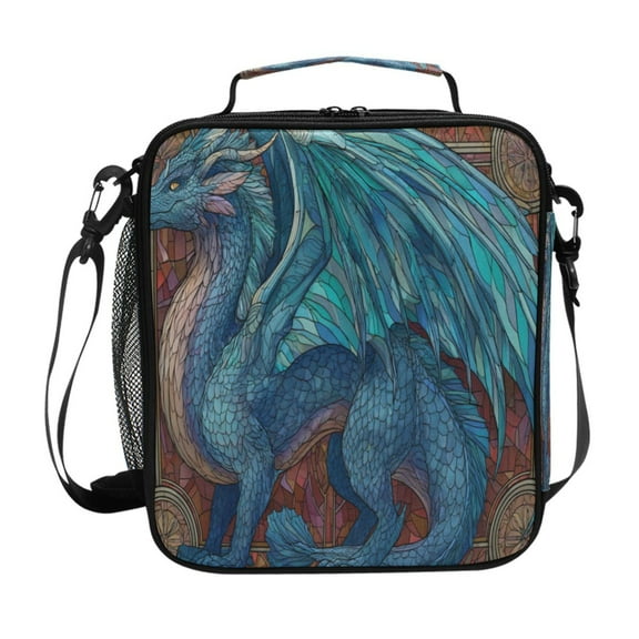 10.5X9.5in Square Insulated Lunch Bag Leak-proof Lunch Box for Outdoor Work Picnic Azure Dragon