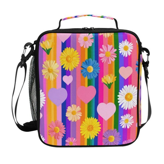 10.5X9.5in Square Insulated Lunch Bag Leak-proof Lunch Box for Outdoor Work Picnic Colorful Daisies