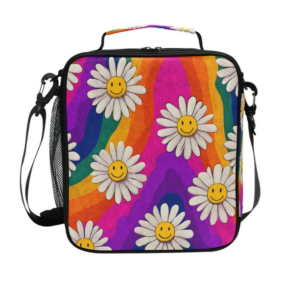 10.5X9.5in Square Insulated Lunch Bag Leak-proof Lunch Box for Outdoor Work Picnic Colorful Daisy Flowers