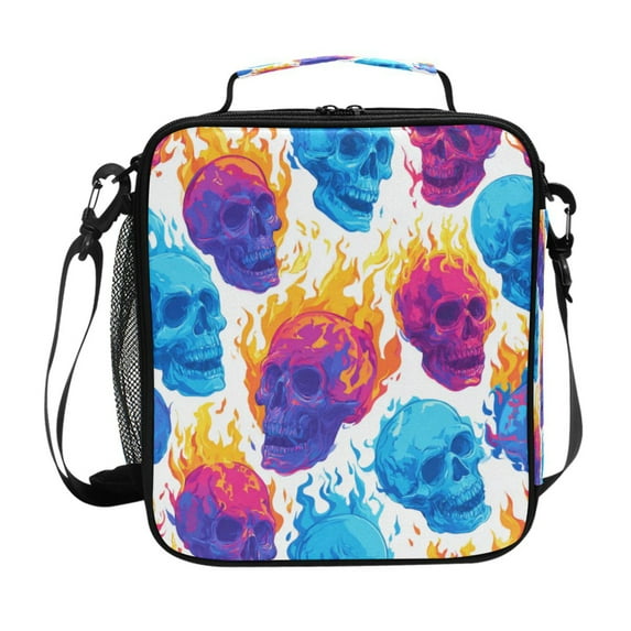 10.5X9.5in Square Insulated Lunch Bag Leak-proof Lunch Box for Outdoor Work Picnic Colorful Skulls with Flames