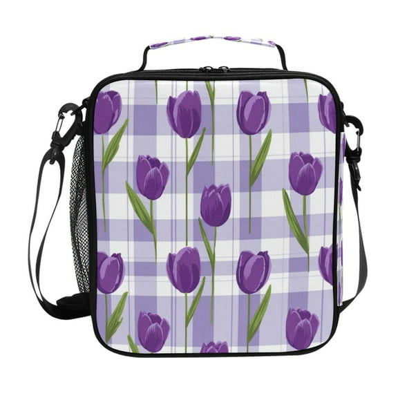 10.5X9.5in Square Insulated Lunch Bag Leak-proof Lunch Box for Outdoor Work Picnic Cute Cartoon Purple Tulips