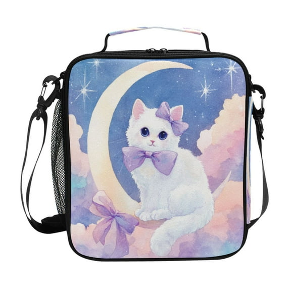 10.5X9.5in Square Insulated Lunch Bag Leak-proof Lunch Box for Outdoor Work Picnic Cute Cat with Purple Bows