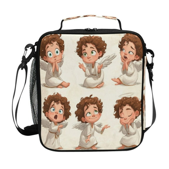 10.5X9.5in Square Insulated Lunch Bag Leak-proof Lunch Box for Outdoor Work Picnic Cute Little Angels Clip Art