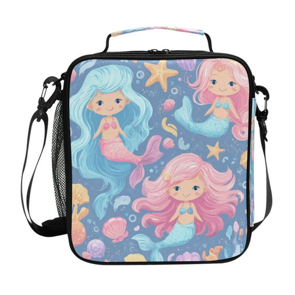 10.5X9.5in Square Insulated Lunch Bag Leak-proof Lunch Box for Outdoor Work Picnic Cute Little Mermaids