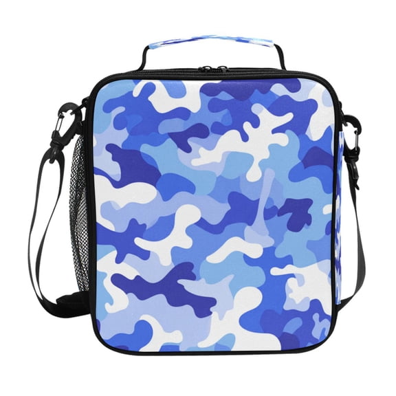10.5X9.5in Square Insulated Lunch Bag Leak-proof Lunch Box for Outdoor Work Picnic Deep Blue and White Camouflage