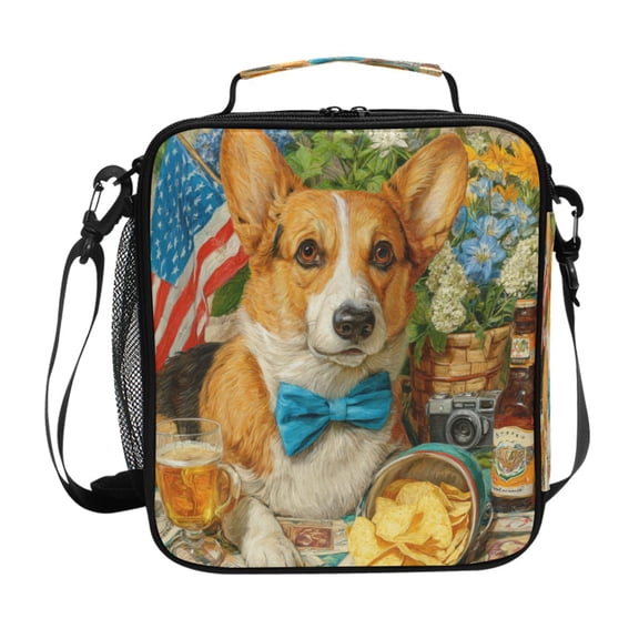10.5X9.5in Square Insulated Lunch Bag Leak-proof Lunch Box for Outdoor Work Picnic Elegant Corgi and Afternoon Tea