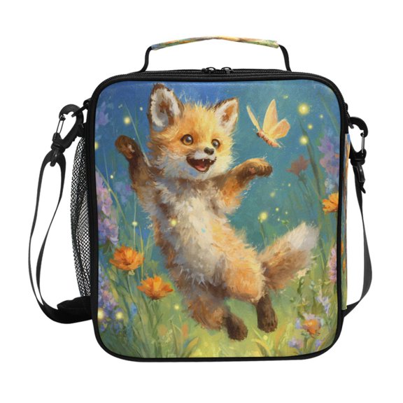 10.5X9.5in Square Insulated Lunch Bag Leak-proof Lunch Box for Outdoor Work Picnic Fox and Butterfly