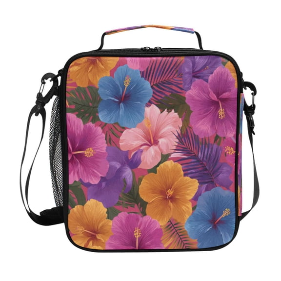 10.5X9.5in Square Insulated Lunch Bag Leak-proof Lunch Box for Outdoor Work Picnic Gorgeous Tropical Plant Flowers